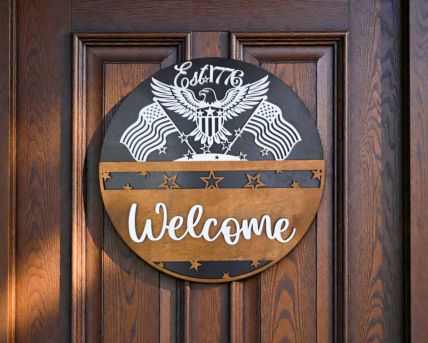 Patriotic Welcome Door Sign – 17" Handcrafted Layered Wood | American Eagle & Flag