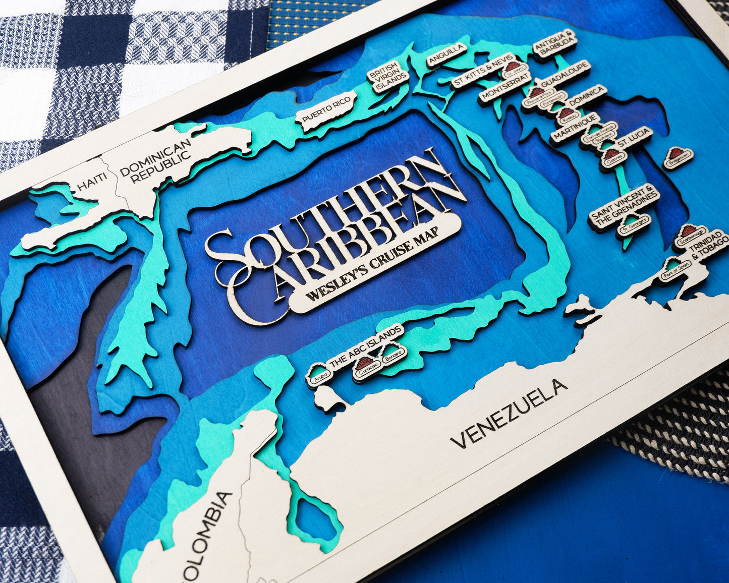 Personalized Southern Caribbean Cruise Map – Layered Wood Wall Art