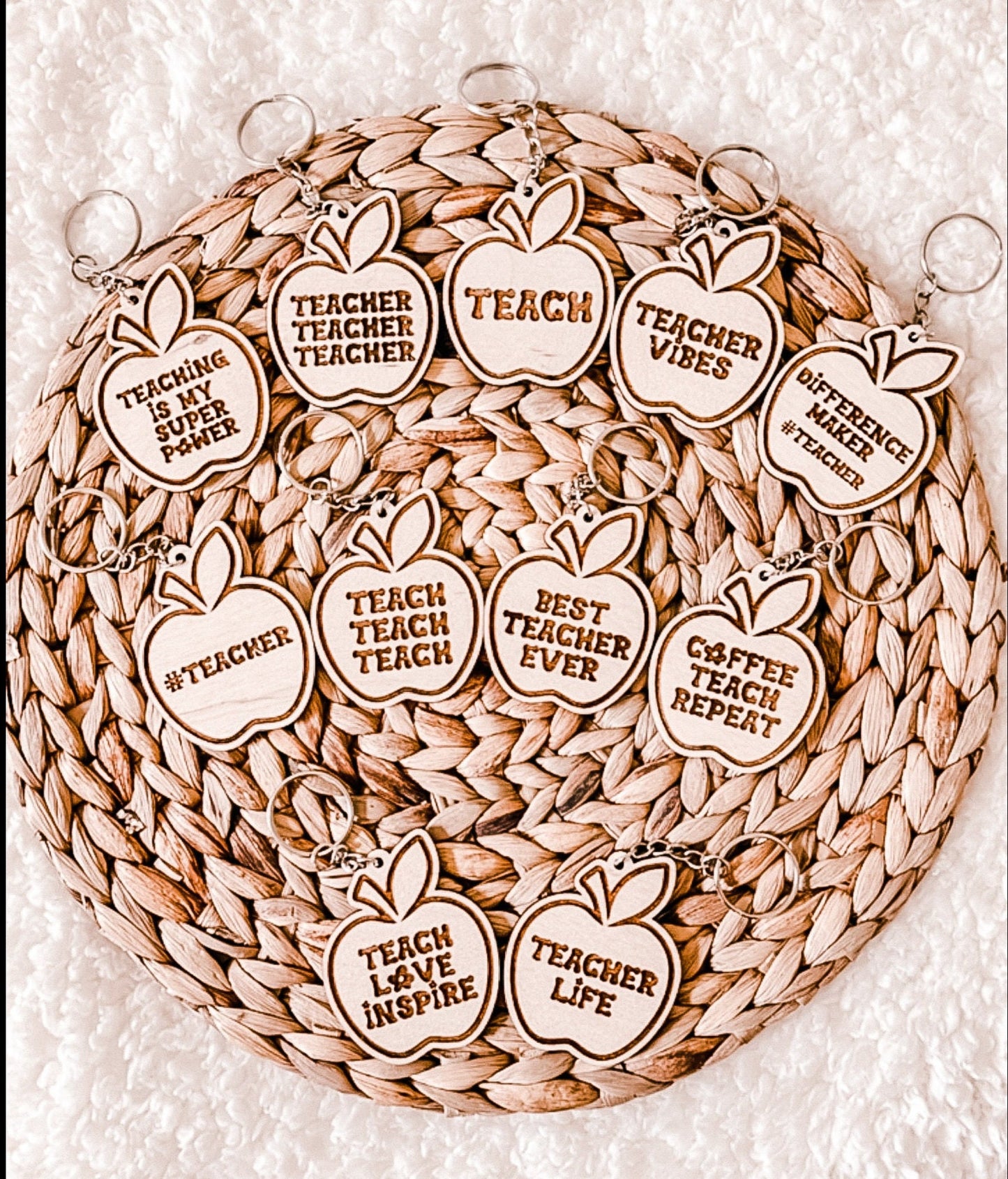 11 Designs Of Apple Teacher Gift Keychains, Cute Gifts for Teacher Appreciation Days, Wooden Engraved Keychains