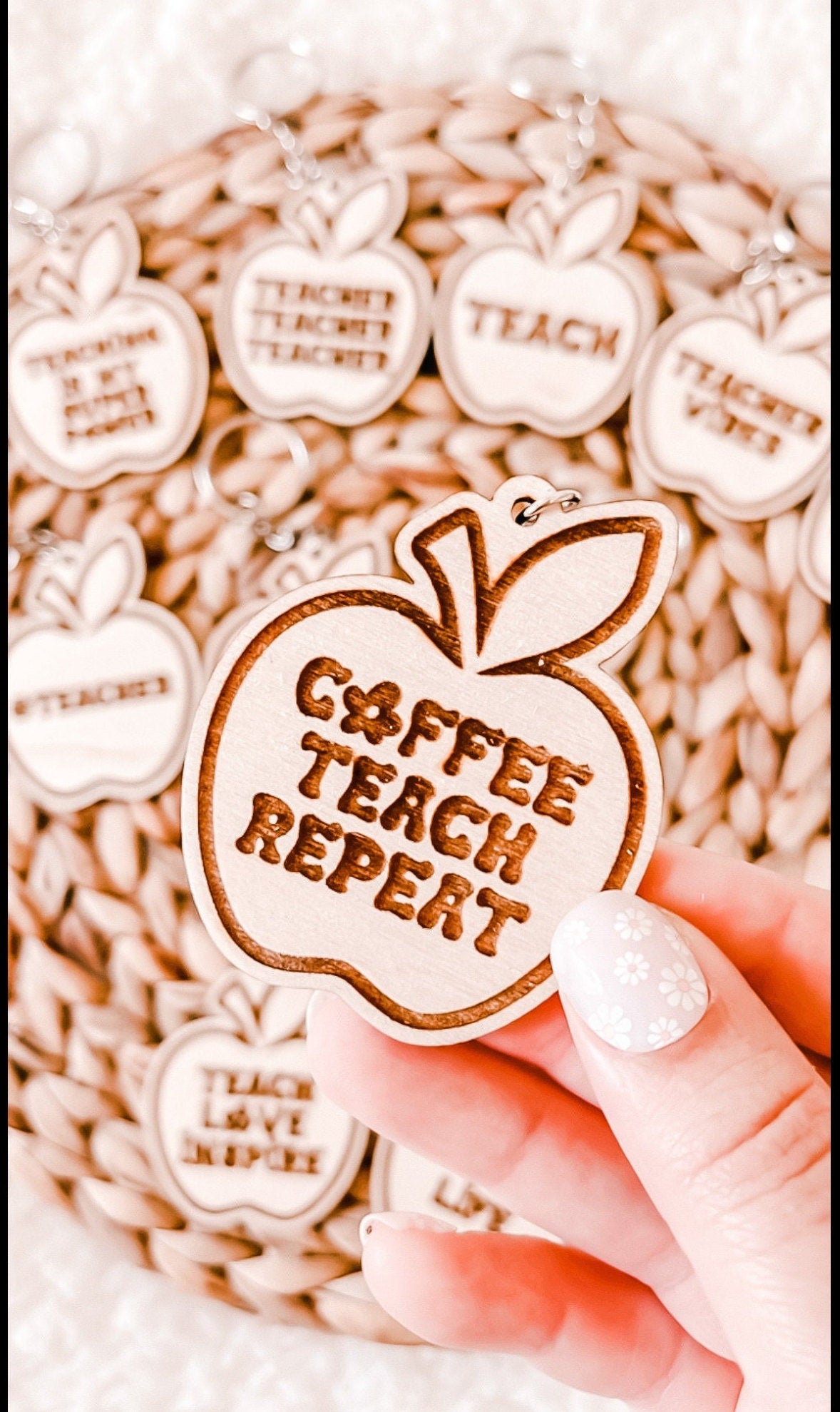 11 Designs Of Apple Teacher Gift Keychains, Cute Gifts for Teacher Appreciation Days, Wooden Engraved Keychains