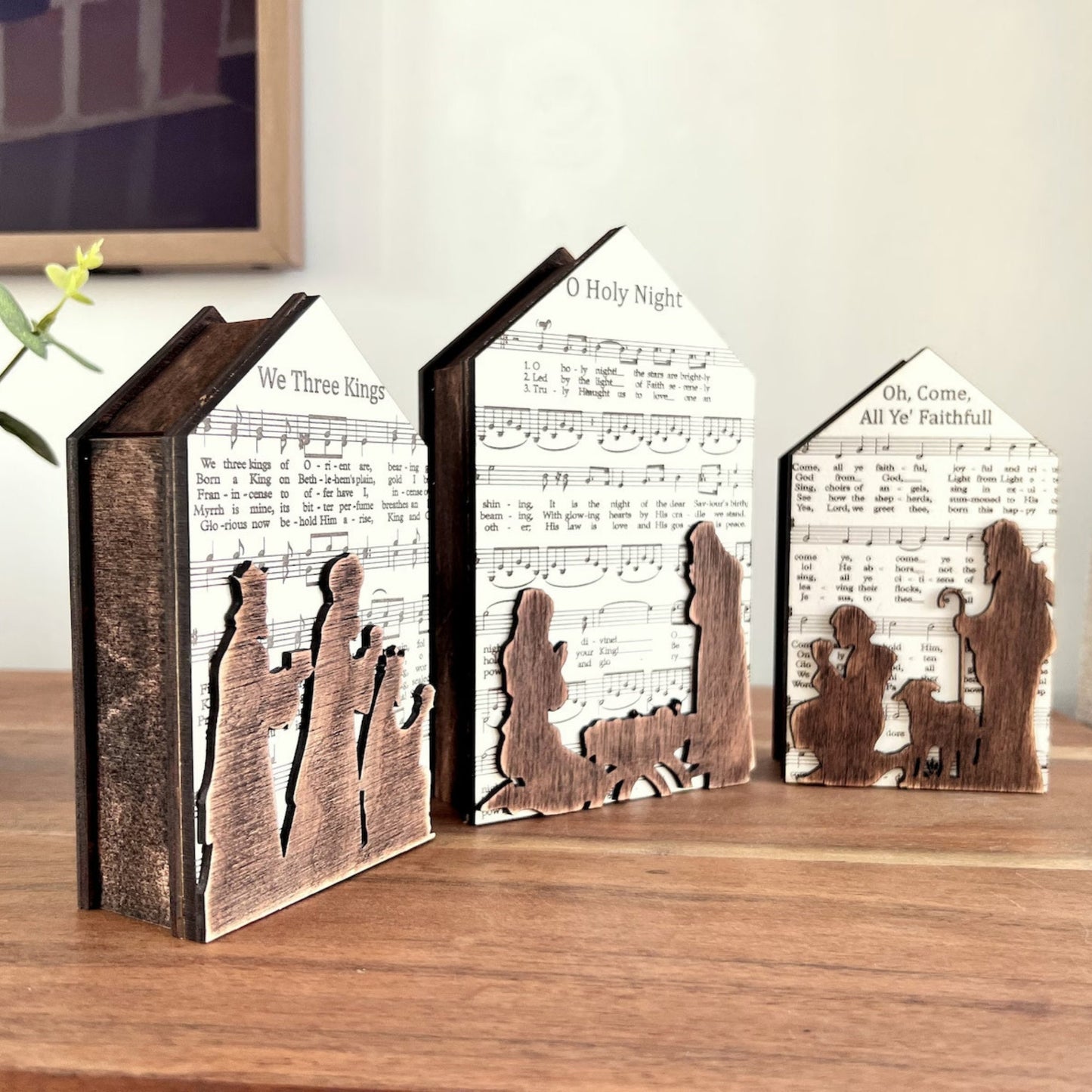 3D Handmade Wooden Nativity Scene Shelf Sitter, Indoor Handmade Farmouse Christmas Decor, Christmas Table Decor