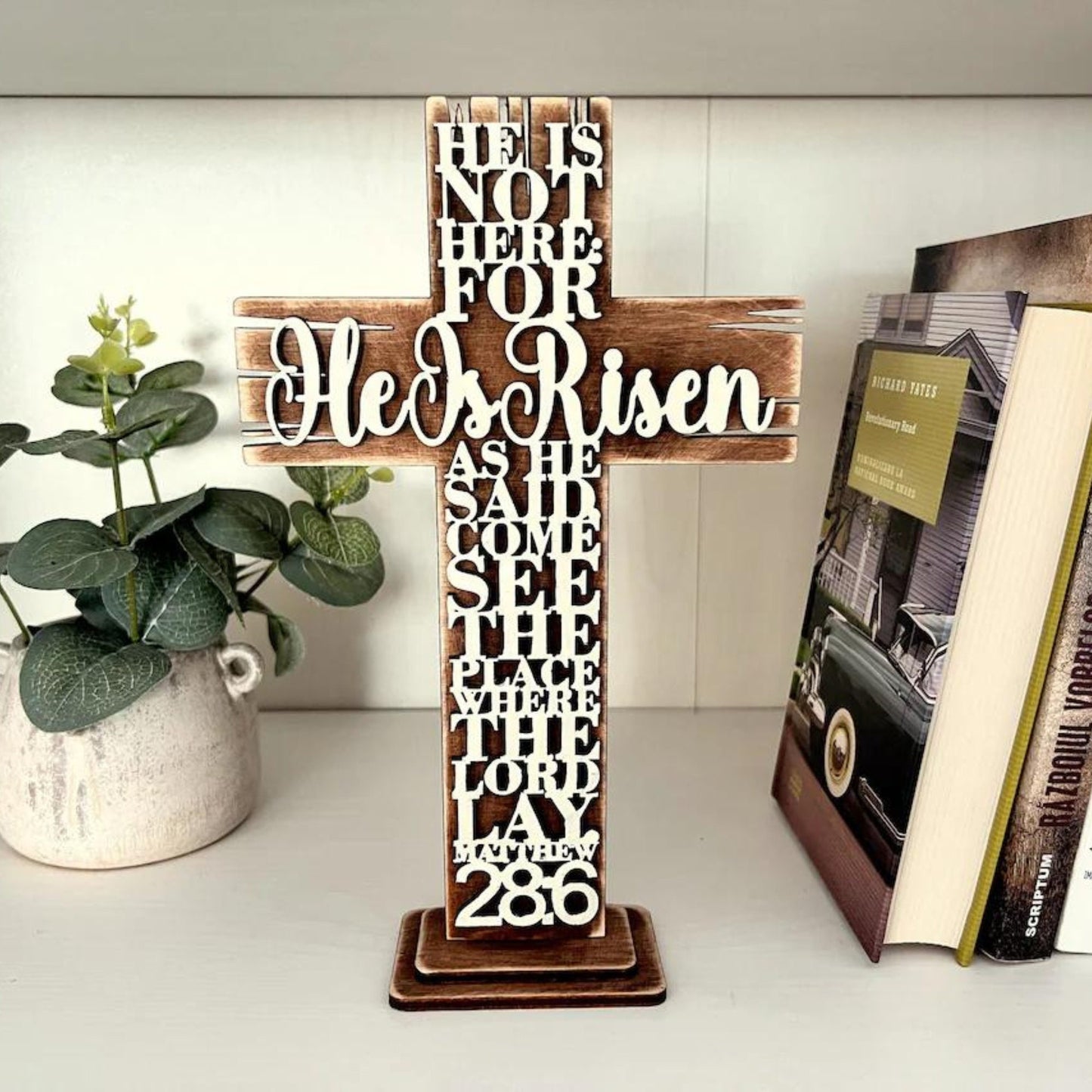 He Is Risen 3D Shelf Sitter Handmade Easter Holiday Decor, Wooden Farmhouse Decor, Cross Christian Gifts, Matthew Bible Verse