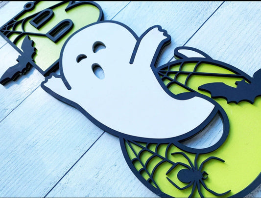 Boo 3D Laser Engraved Halloween Home Decor, Halloween Door Sign Fall Front Door Hanger, Porch Decor,
