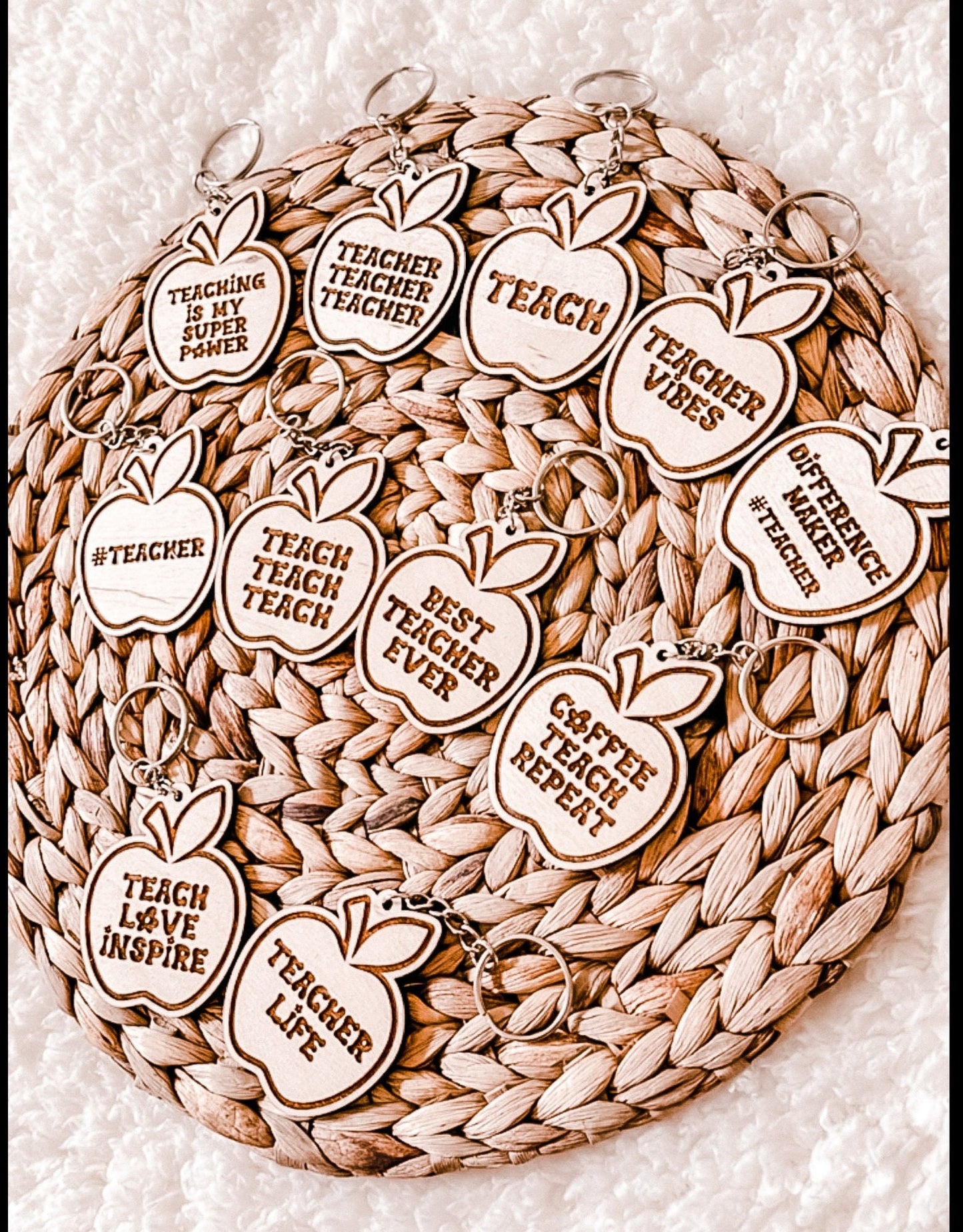 11 Designs Of Apple Teacher Gift Keychains, Cute Gifts for Teacher Appreciation Days, Wooden Engraved Keychains