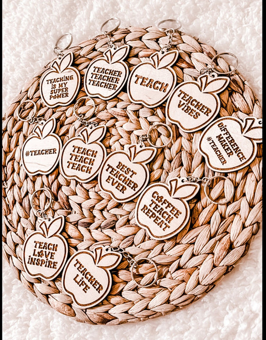 11 Designs Of Apple Teacher Gift Keychains, Cute Gifts for Teacher Appreciation Days, Wooden Engraved Keychains