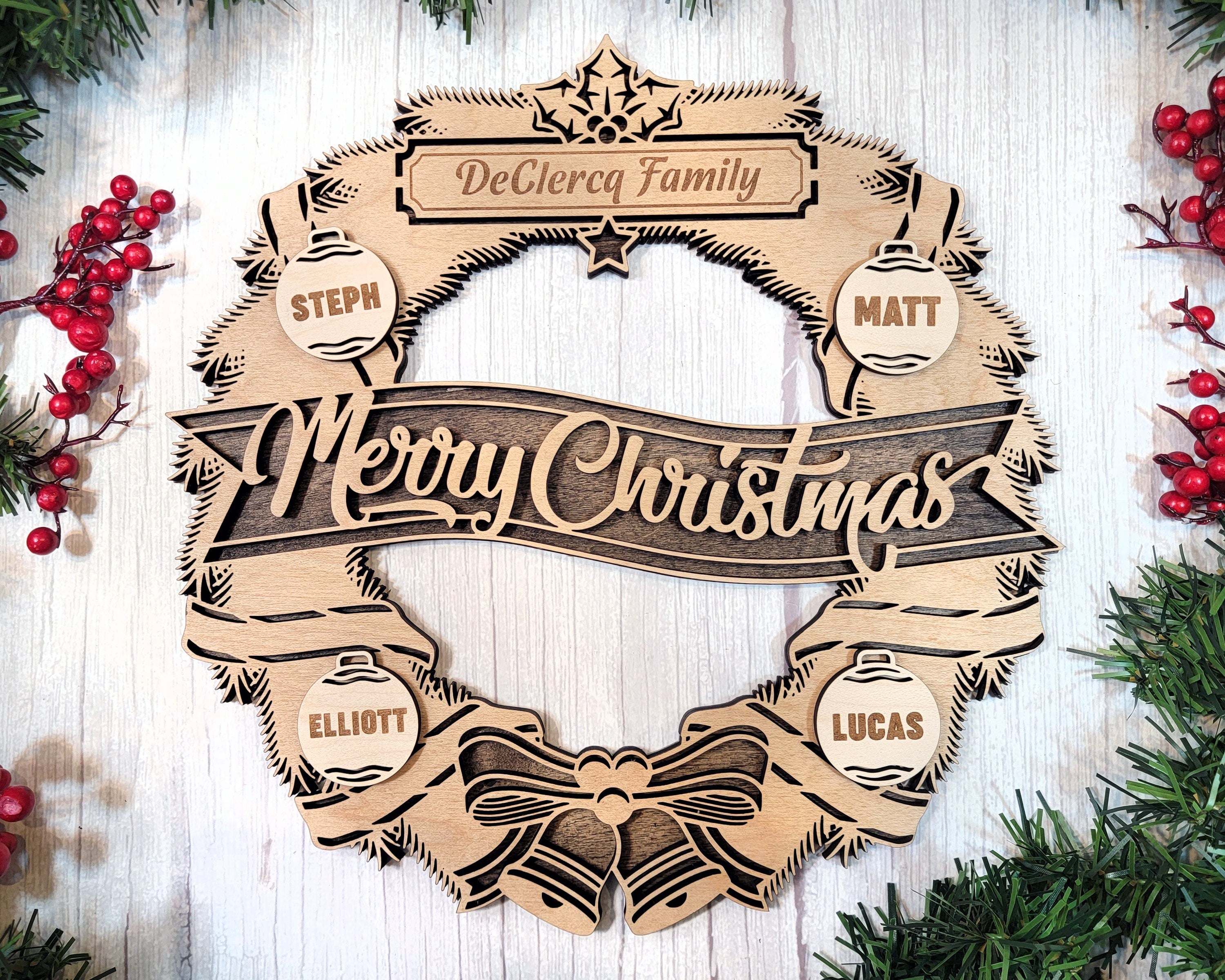 Personalized Farmhouse Outdoor Christmas Wreath for Front Door, Christmas Decoration Wall Decor, Winter Wooden Front Door Wreath