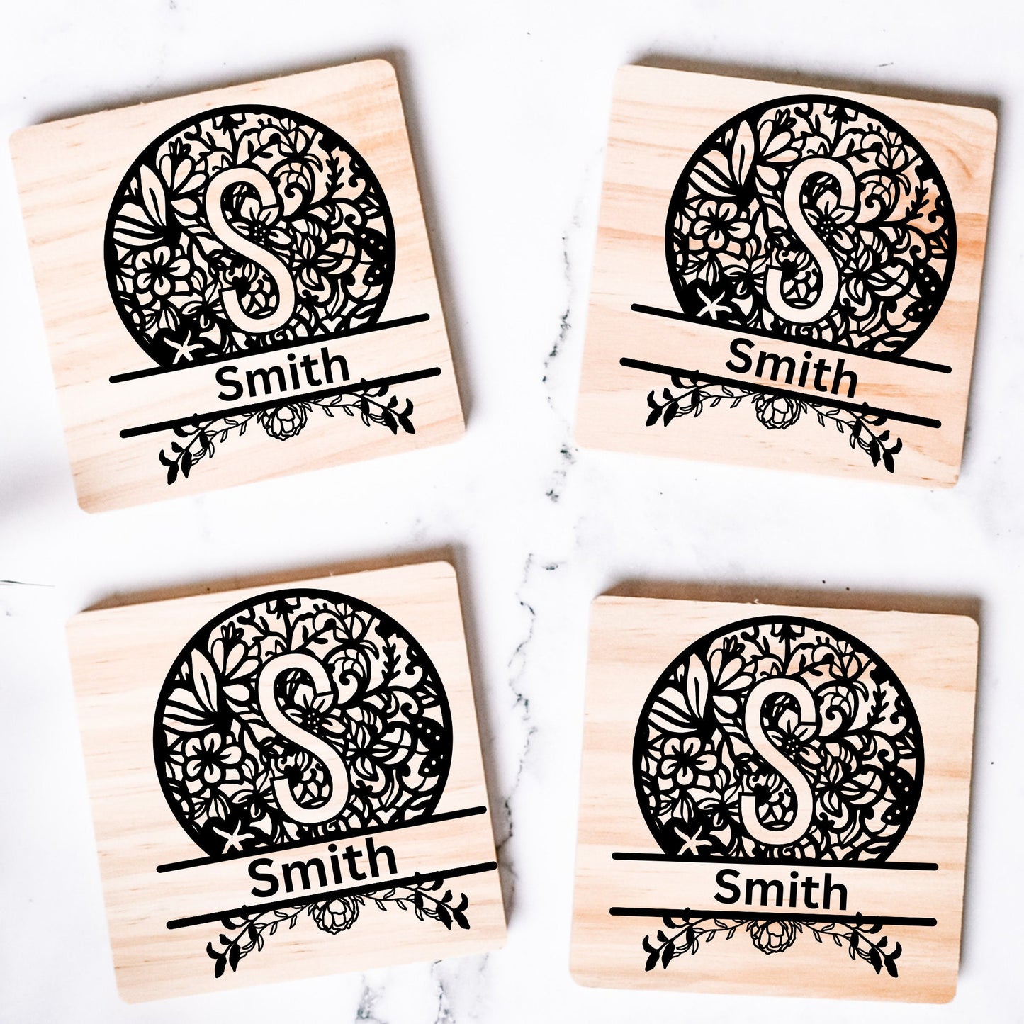 Laser Cut Mandala Custom Coasters Set Of 4 Wedding Coasters, Laser Engraved Coasters, Personalized Wood Coasters, Drink Coasters