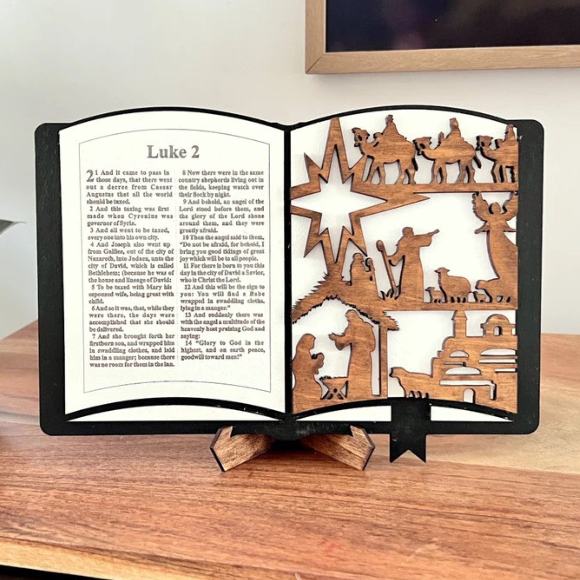 3D Wooden Handmade Nativity Scene Shelf Sitter Book Display, Decorative Christmas Book, Handmade Home Decor with Display Stand