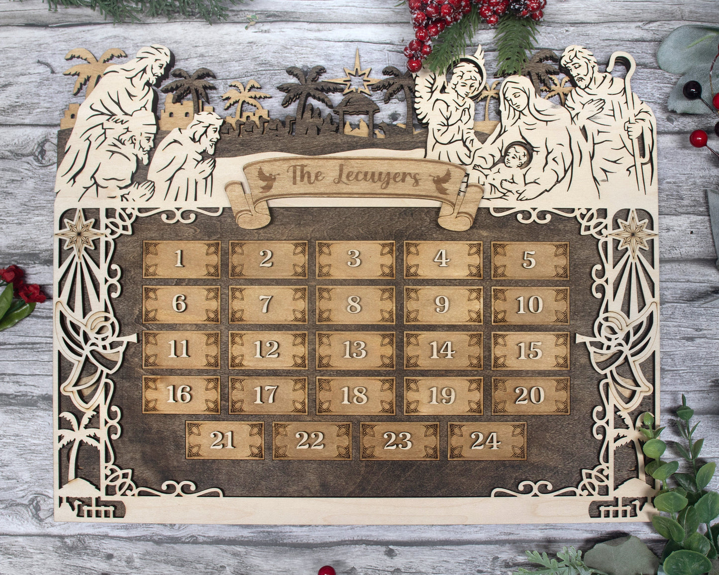 Personalized Nativity Scene Christmas Advent Calendar For Kids and Adults, Christian Advent Calendar, Handmade Farmhouse Christmas Decor