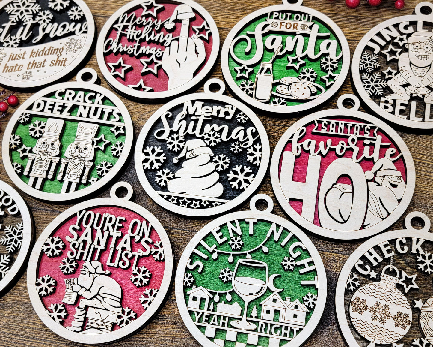 Naughty But Funny Christmas Ornaments, Handmade Laser Engraved Christmas Ornaments, Unique Wooden Christmas Ornaments