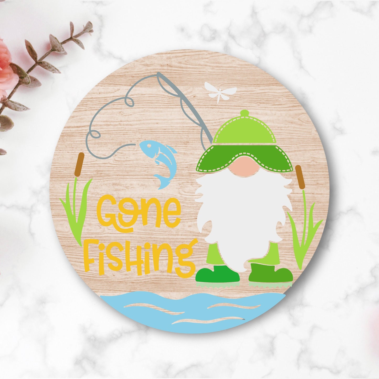 3D Laser Engraved Gone Fishing Gnome Front Door Decor, Gnome Welcome Door Hanger, Summer and Fall Door Hanger